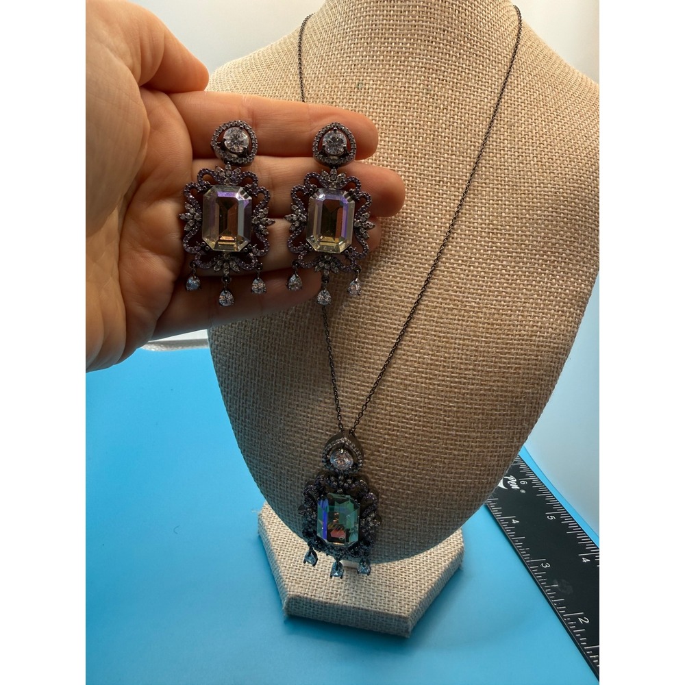 Gunmetal Iridescent AB Crystal Statement Necklace and Drop Earring Jewelry Set